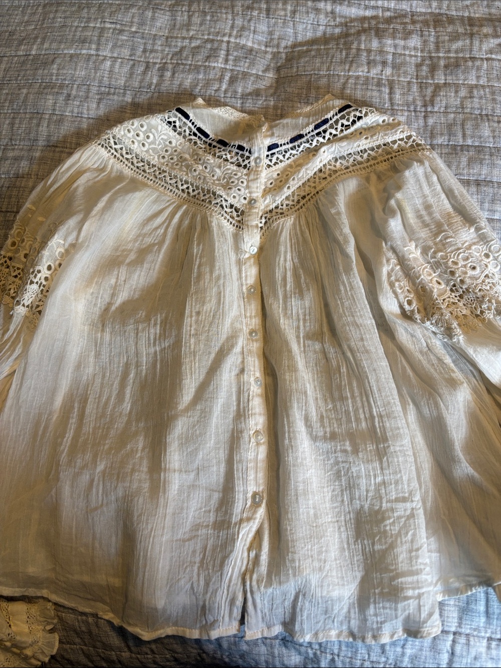 Free People Ivory Eyelet Peasant Top with Lace Yoke - Picture 3 of 5